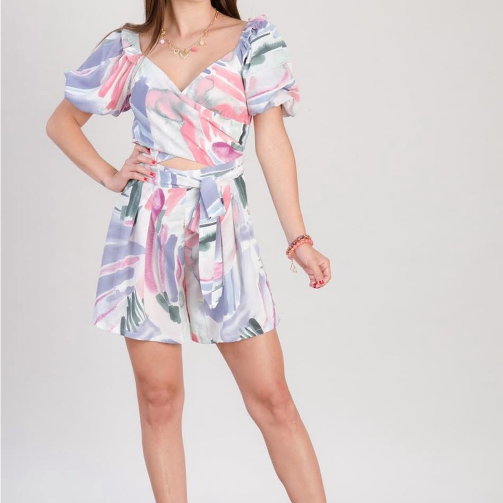 Colorful Puff Sleeve Wrap romper